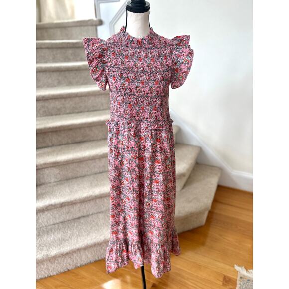 Anna Cate Pink Floral Block Print Shirred Ruffle Sleeve Midi Dress - Picture 1 of 8